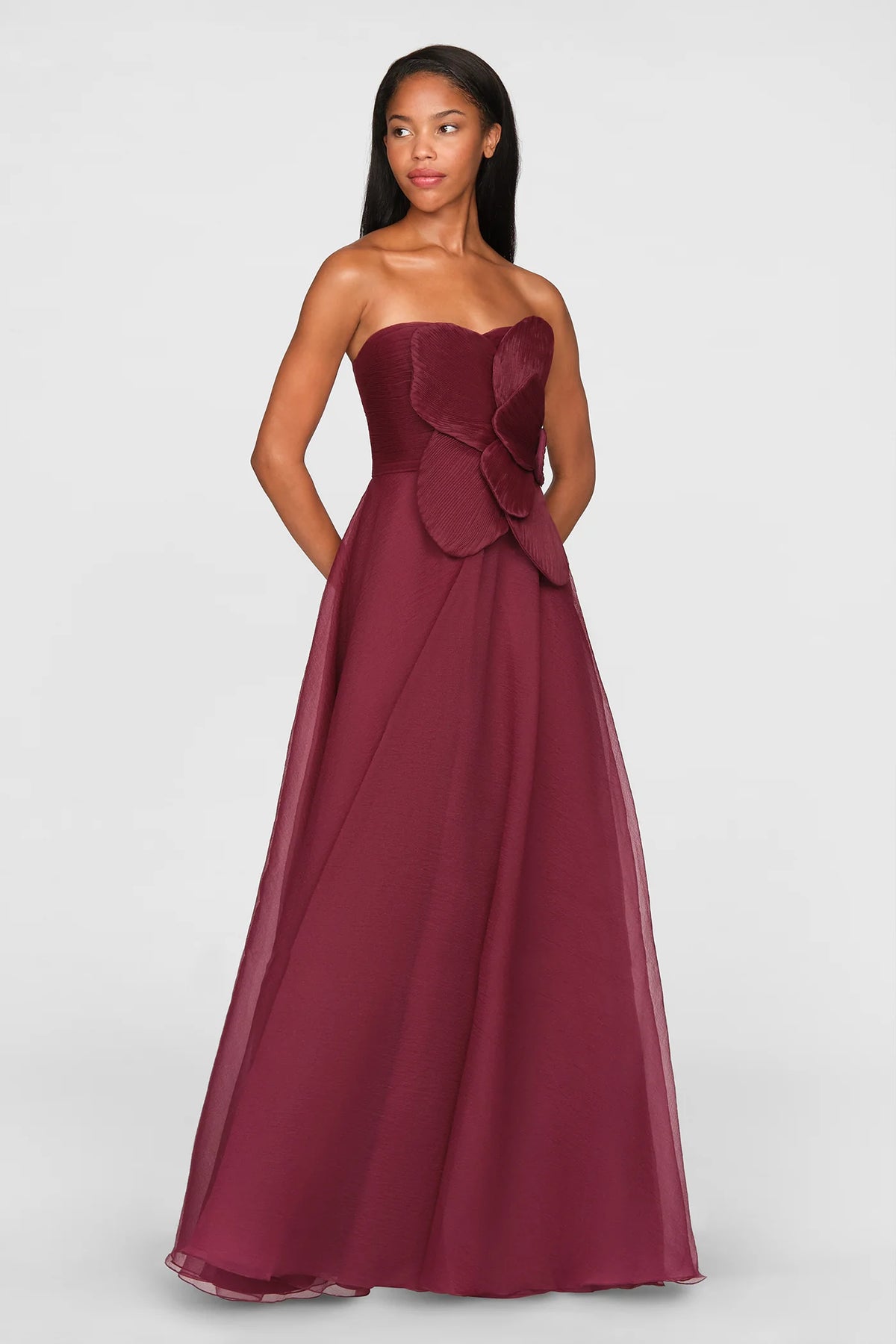 Theia Lyon Pleated Draped Rose Gown Oxblood