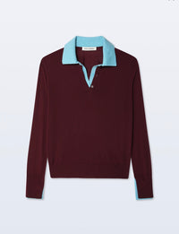 White + Warren 21944 Superfine Merino Polo Black Cherry/Light Blue Trim