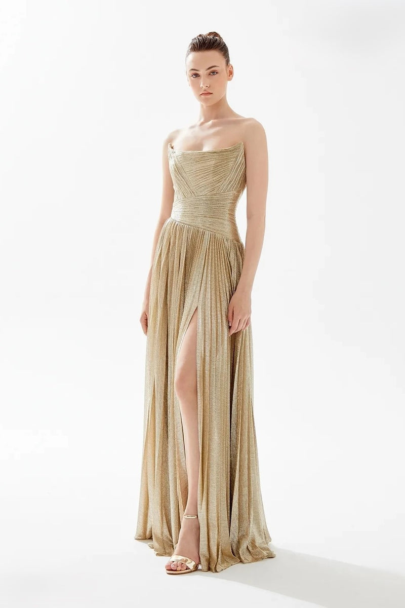 Tarik Ediz Metallic Strapless Draped Gown