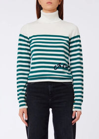 Liu Jo White Striped Turtleneck Sweater with Embroidery - Bco Lana Green