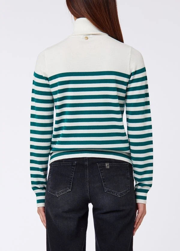 Liu Jo White Striped Turtleneck Sweater with Embroidery - Bco Lana Green