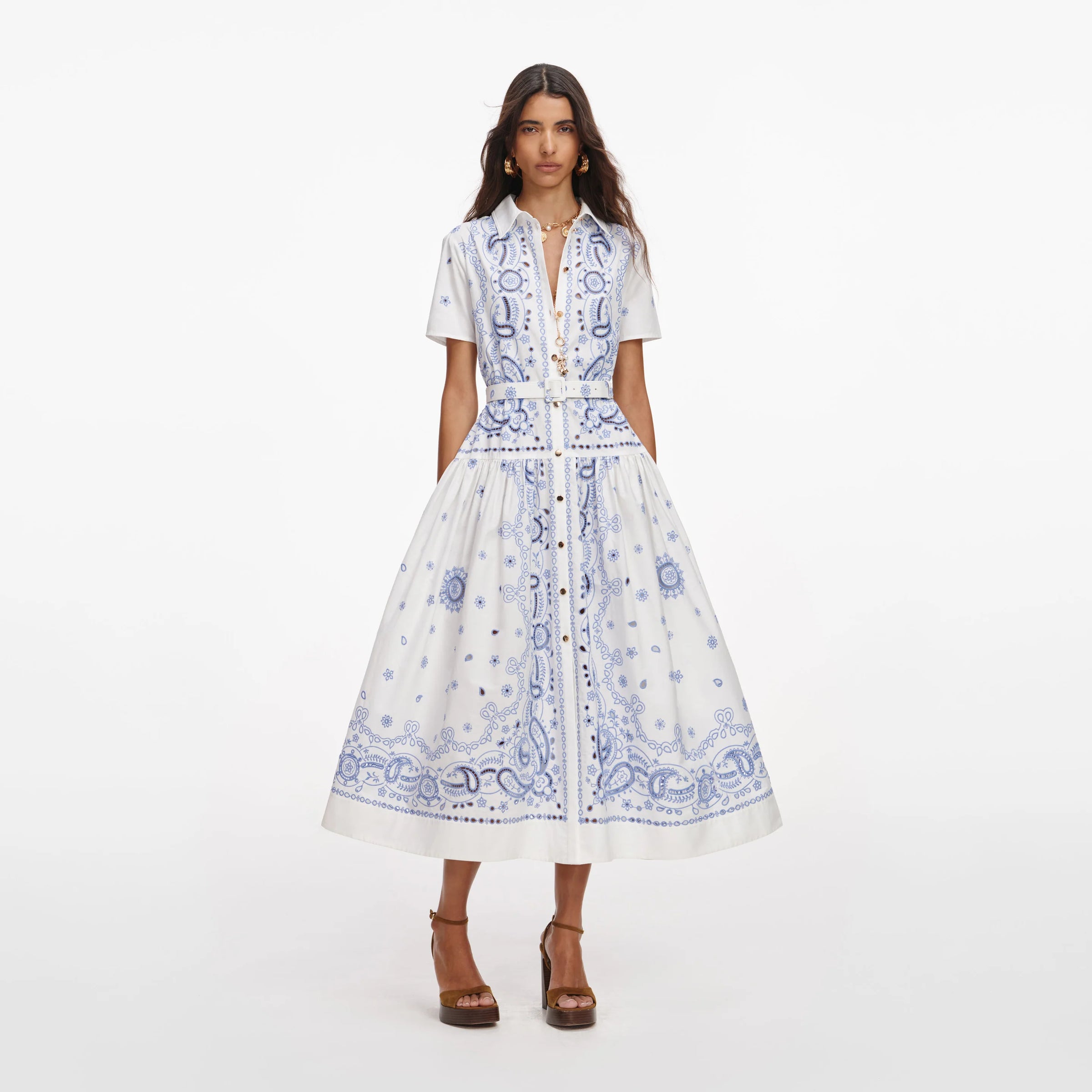 Self-Portrait White And Blue Embroided Midi Dress White