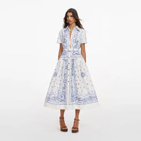 Self-Portrait White And Blue Embroided Midi Dress White
