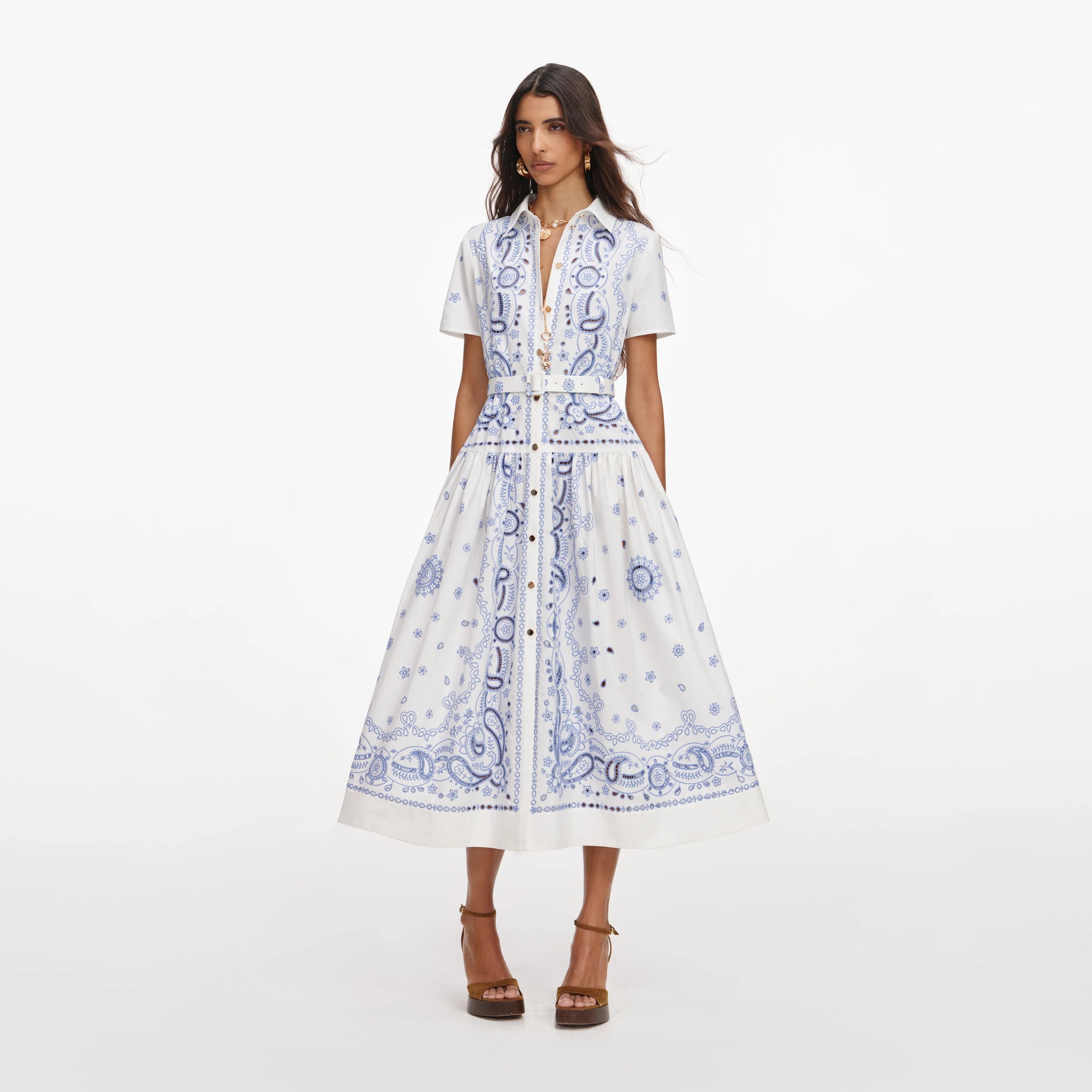 Self-Portrait White And Blue Embroided Midi Dress White