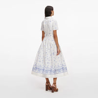 Self-Portrait White And Blue Embroided Midi Dress White