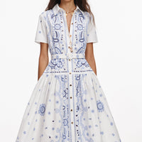 Self-Portrait White And Blue Embroided Midi Dress White