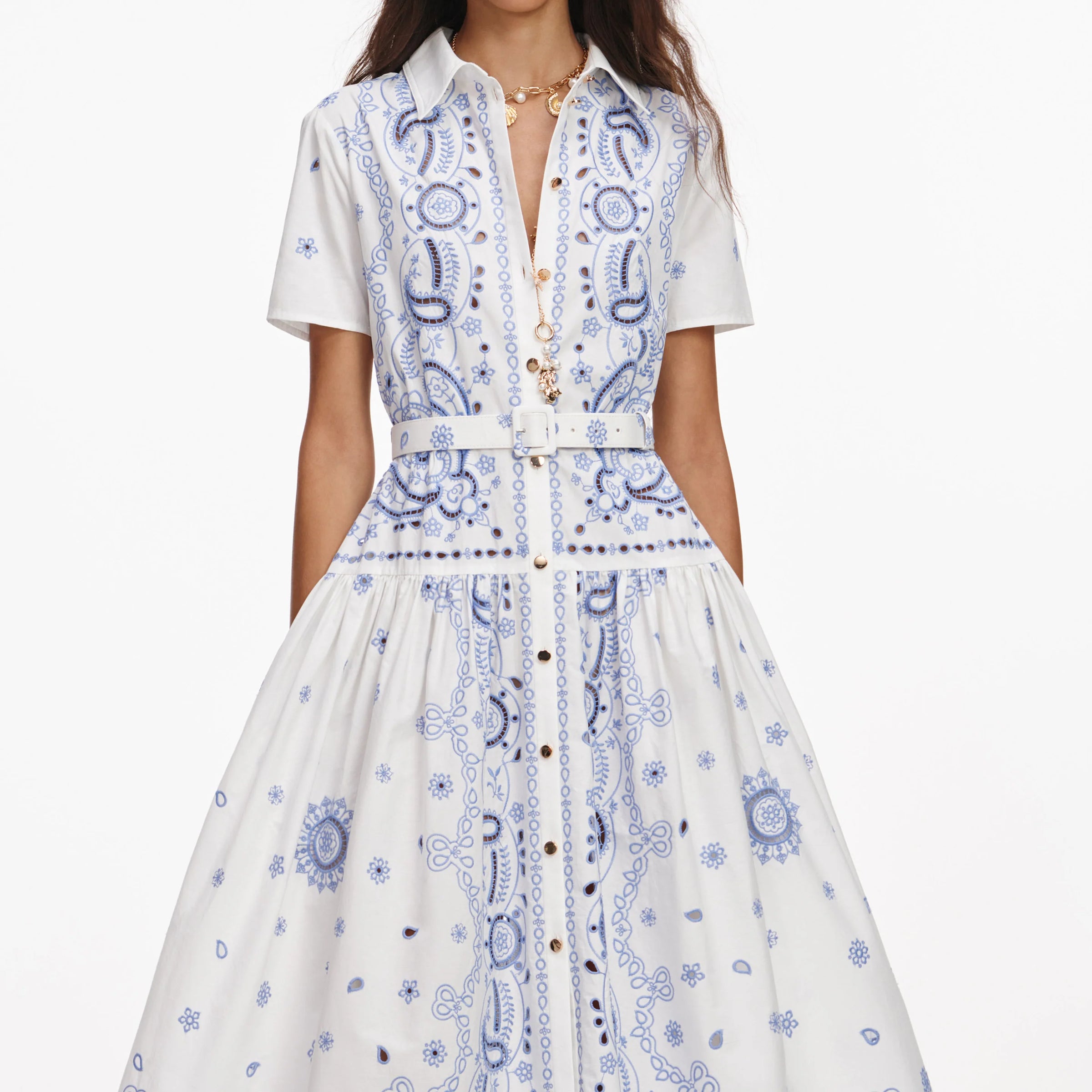 Self-Portrait White And Blue Embroided Midi Dress White
