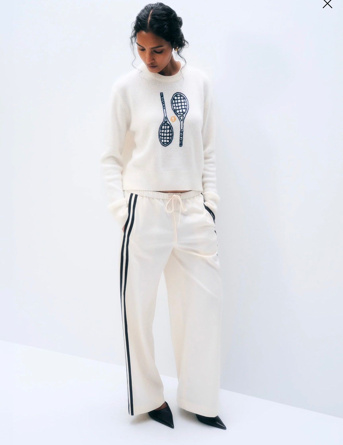 White + Warren Cashmere Tennis Racquet Sweatshirt Soft White Combo