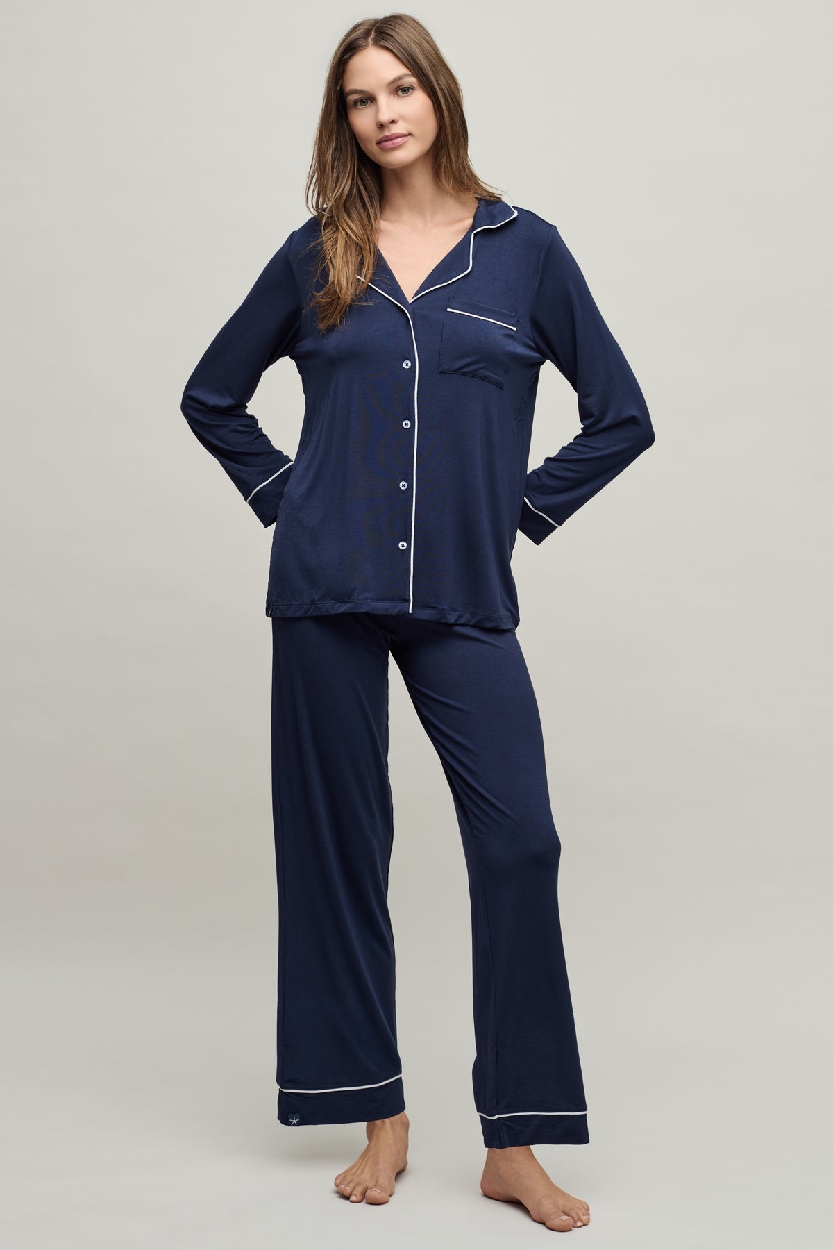 Barefoot Dreams Women's Luxe Milk Jersey Piped Pajama Set - Indigo