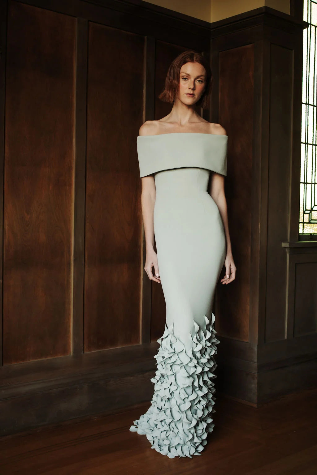 Catherine Regehr Sleeveless Off Shoulder Roll Collar Gown With Spiral Lasercuts - Trumpet Floor - Pale Blue