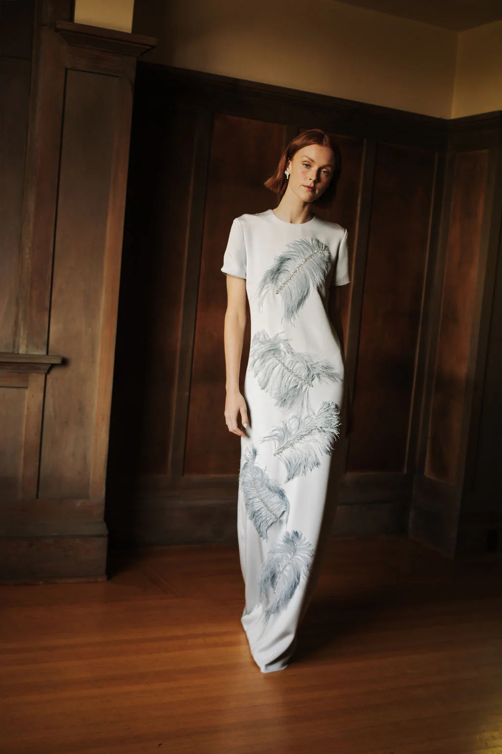 Catherine Regehr Short Sleeve Jewel Neck London Sheath with Falling Plumes & Gems