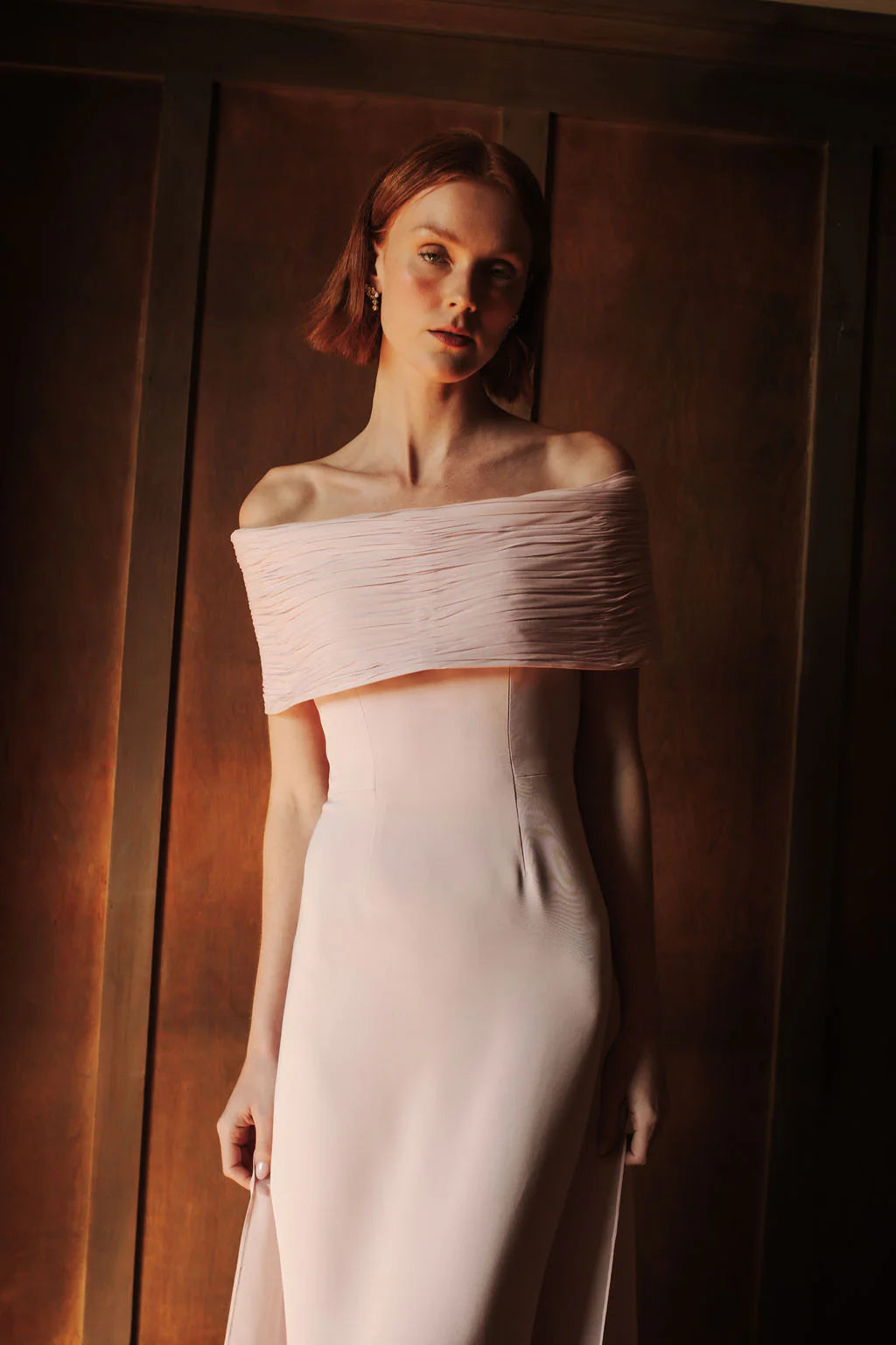 catherine regehr off the shoulder dress Off Shoulder Roll Collar gown with Scattered Pearls