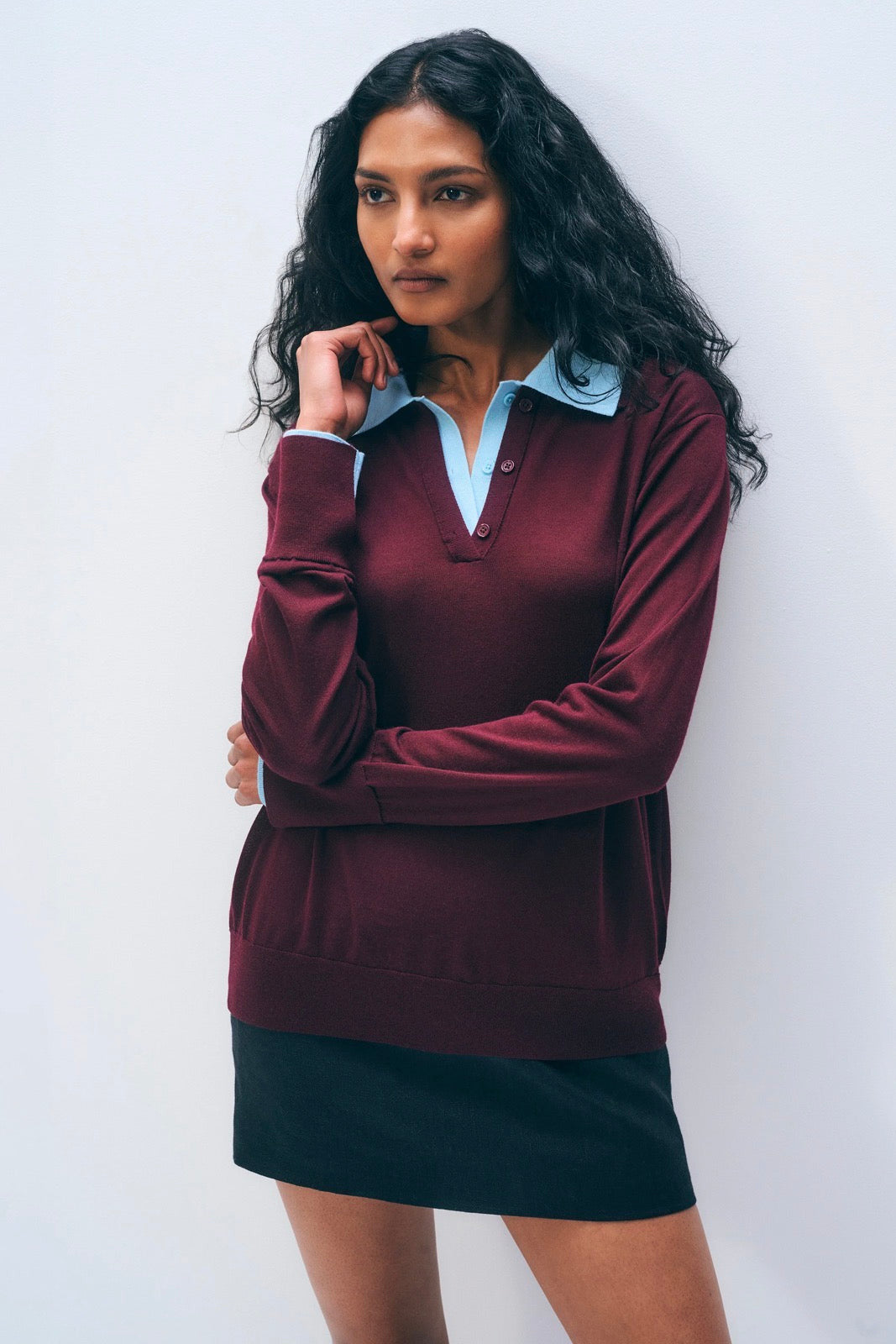White + Warren 21944 Superfine Merino Polo Black Cherry/Light Blue Trim