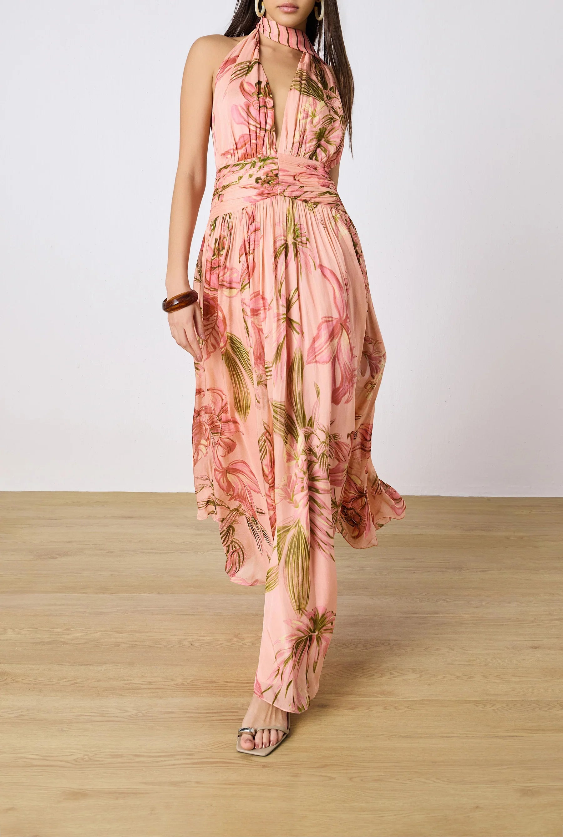 rococo sand ruched long dress Rococo Sand Ruched Sash Maxi Dress Peach Peach / M