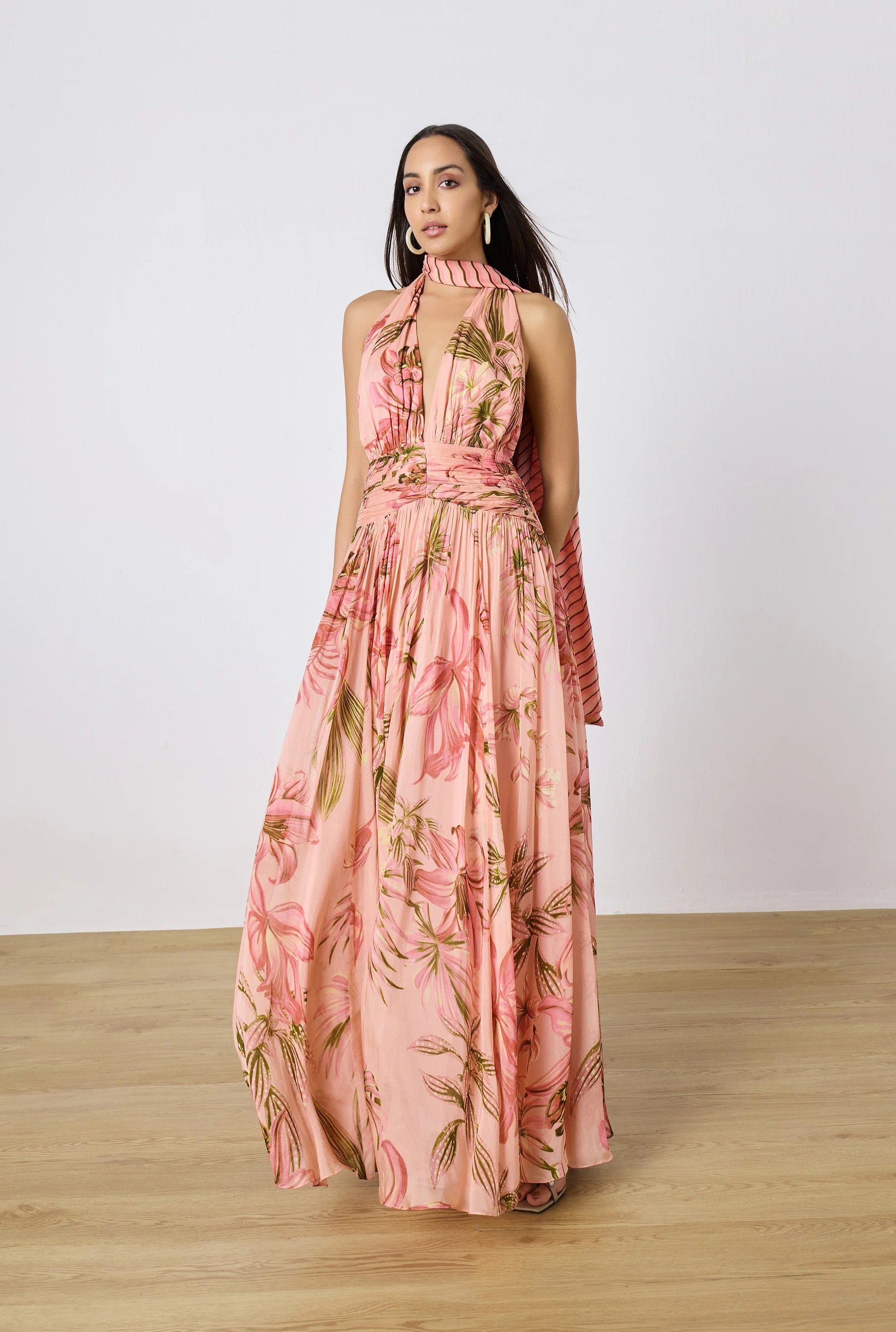 Maxi Robe Froncée avec Ceinture Rococo Sand Pêche