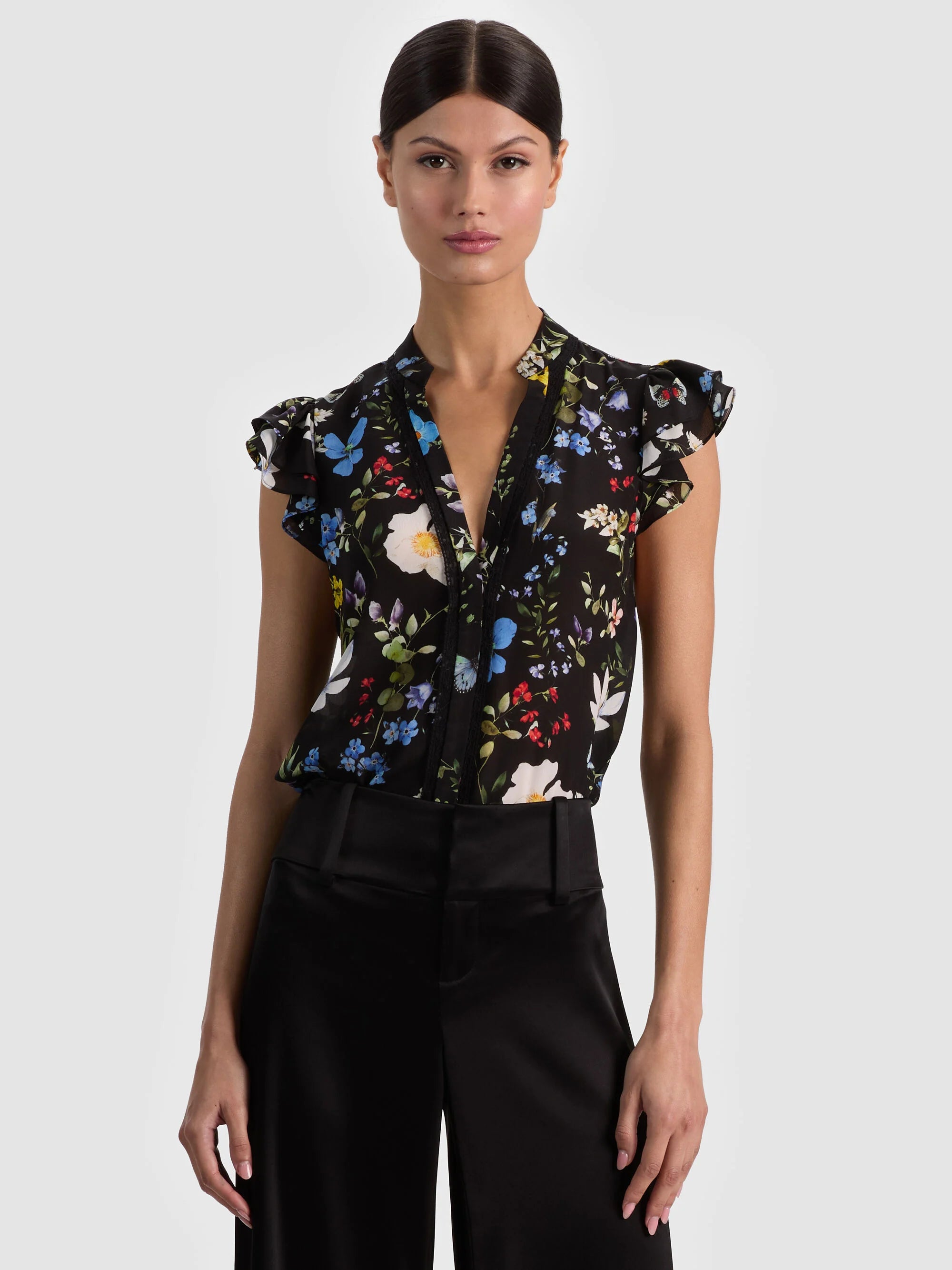 Blouse en soie à manches papillon Arlette Twisting Vines noir Alice & Olivia