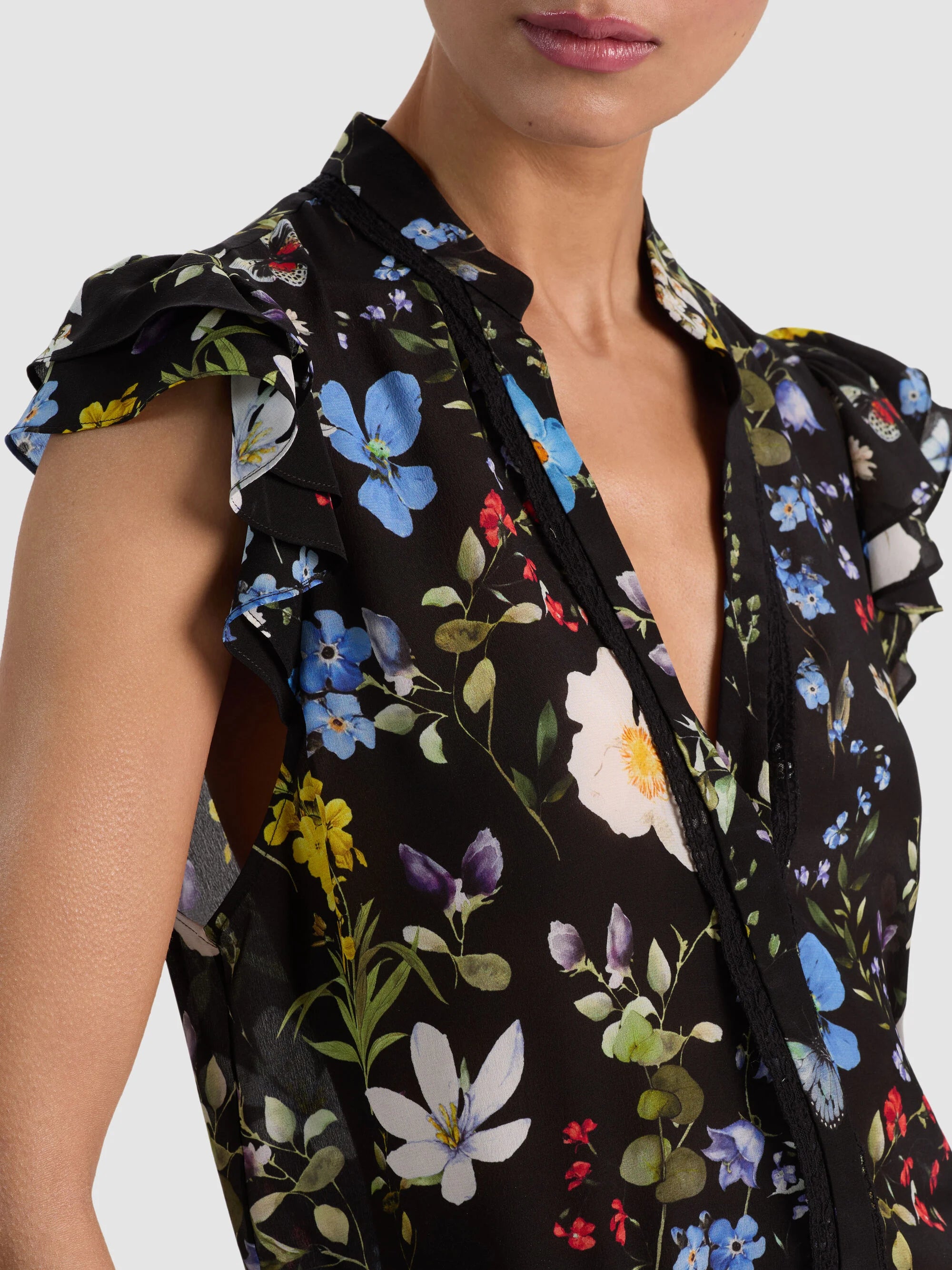 Blouse en soie à manches papillon Arlette Twisting Vines noir Alice & Olivia