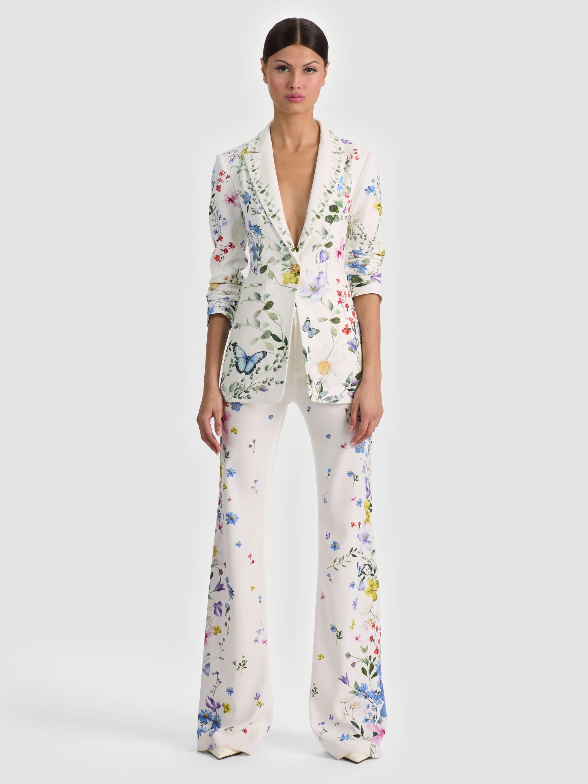 Alice & Olivia Breanin Long Fitted Blazer Twisting Vines Off White