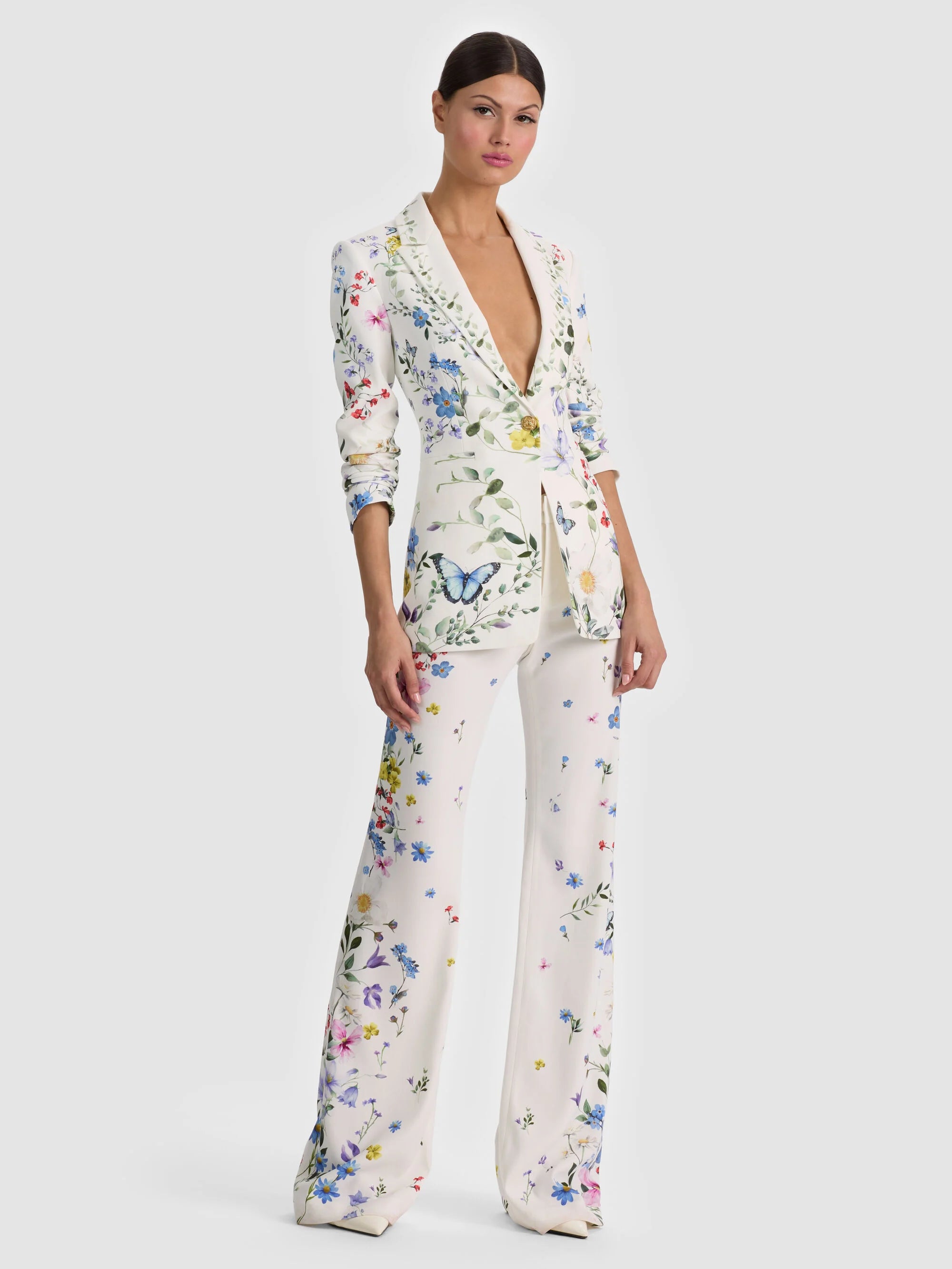 Alice & Olivia Breanin Long Fitted Blazer Twisting Vines Off White