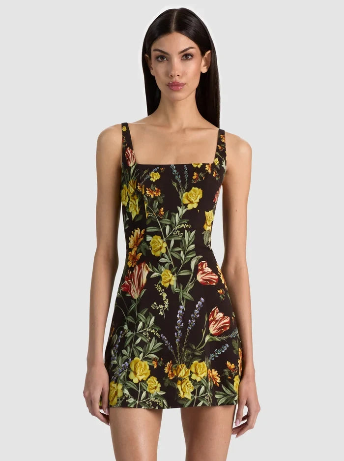 Alice + Olivia Julia Scoop Neck Mini Dress Desert Sprigs Black