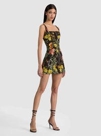 Alice + Olivia Julia Scoop Neck Mini Dress Desert Sprigs Black