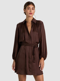 Alice + Olivia CC608A73509-C201 Margaux Blouse Sleeve Tie Fit Mini Dress Dark Chocolate
