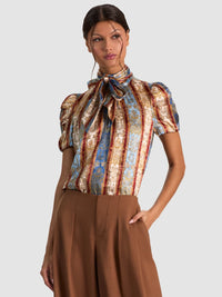 Alice + Olivia Brentley Tie Neck Short Sleeve Blouse Grand Affair