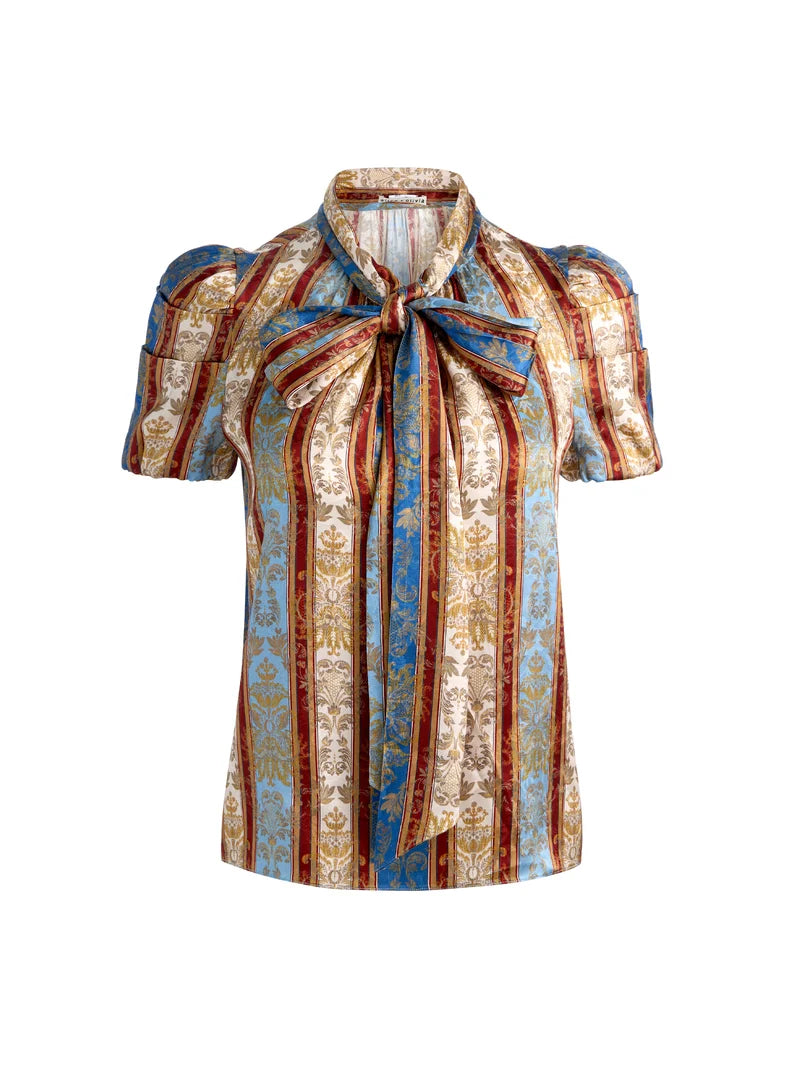 Alice + Olivia Brentley Tie Neck Short Sleeve Blouse Grand Affair