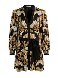 Mini-robe chemise Alice + Olivia Antonette à manches blousantes et jupe à volants, avec ceinture à nouer, Noir Élégance blanc cassé
