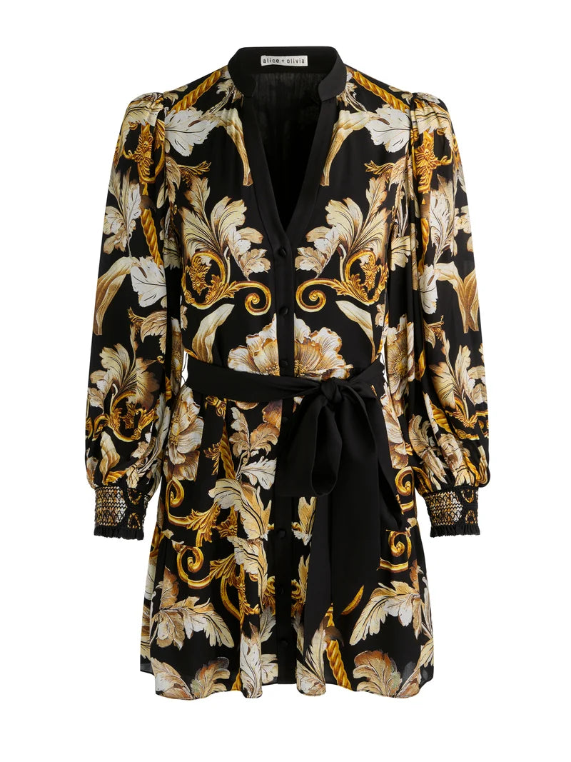 Mini-robe chemise Alice + Olivia Antonette à manches blousantes et jupe à volants, avec ceinture à nouer, Noir Élégance blanc cassé