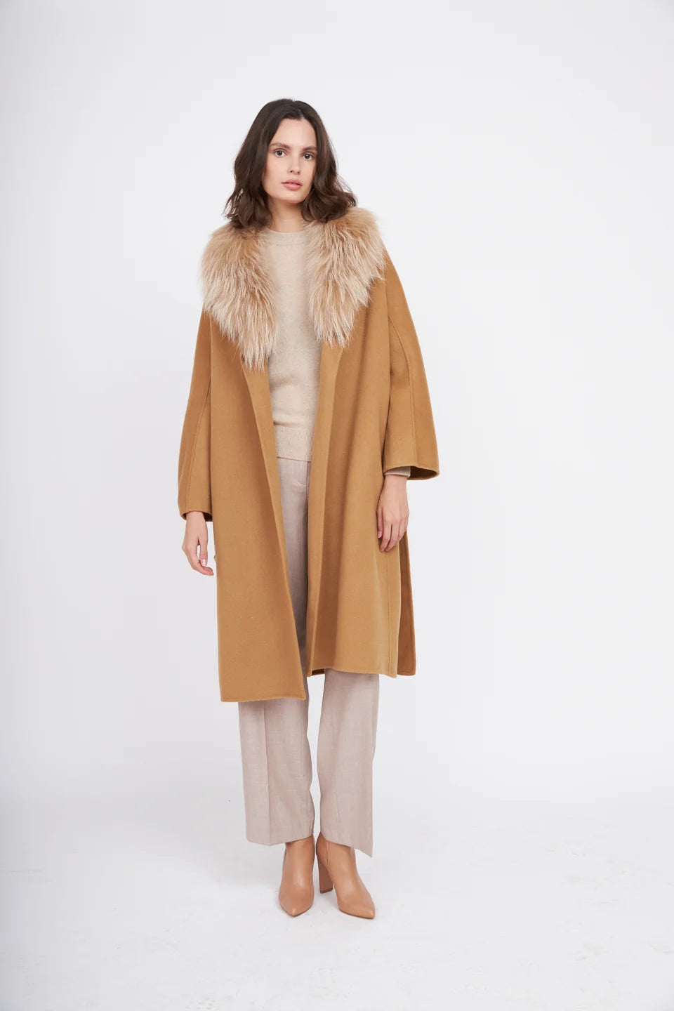 Pissenlit Cashmere Coat with Fur Shawl Collar Warm Camel