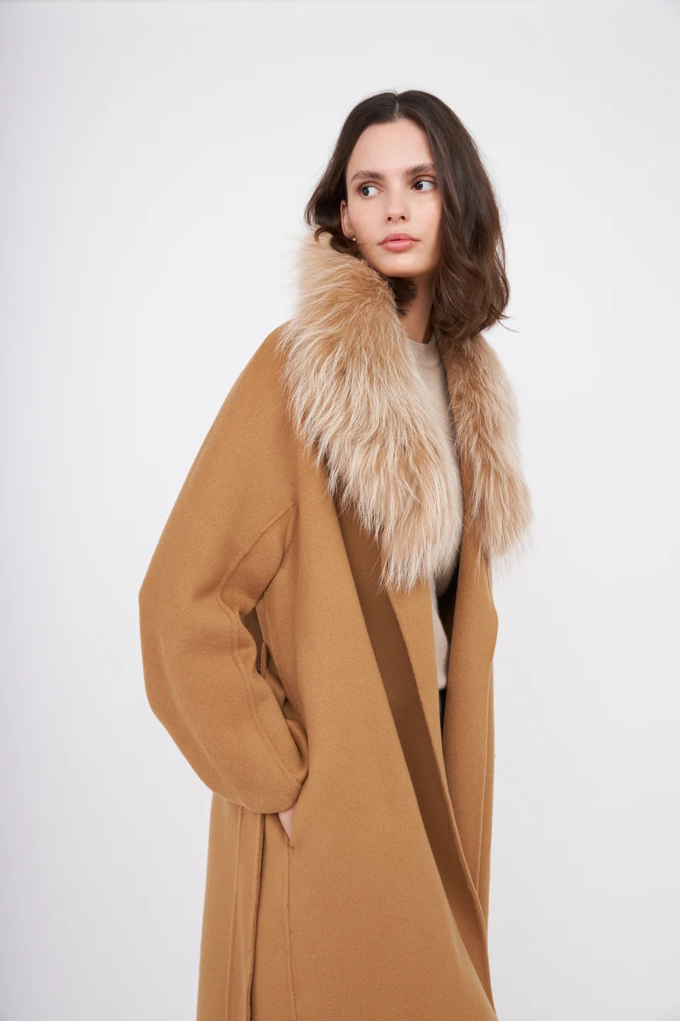 Pissenlit Cashmere Coat with Fur Shawl Collar Warm Camel