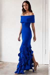Catherine Regehr Off Shoulder Roll Collar Gown with Swinging Discs on Hem - Slim Floor Bright Cobalt