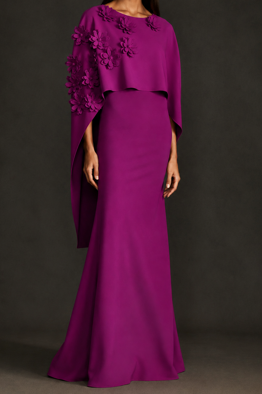 Greta Constantine Xenakis Trompe l'Œil Cape Gown With Floral Applique - Plum