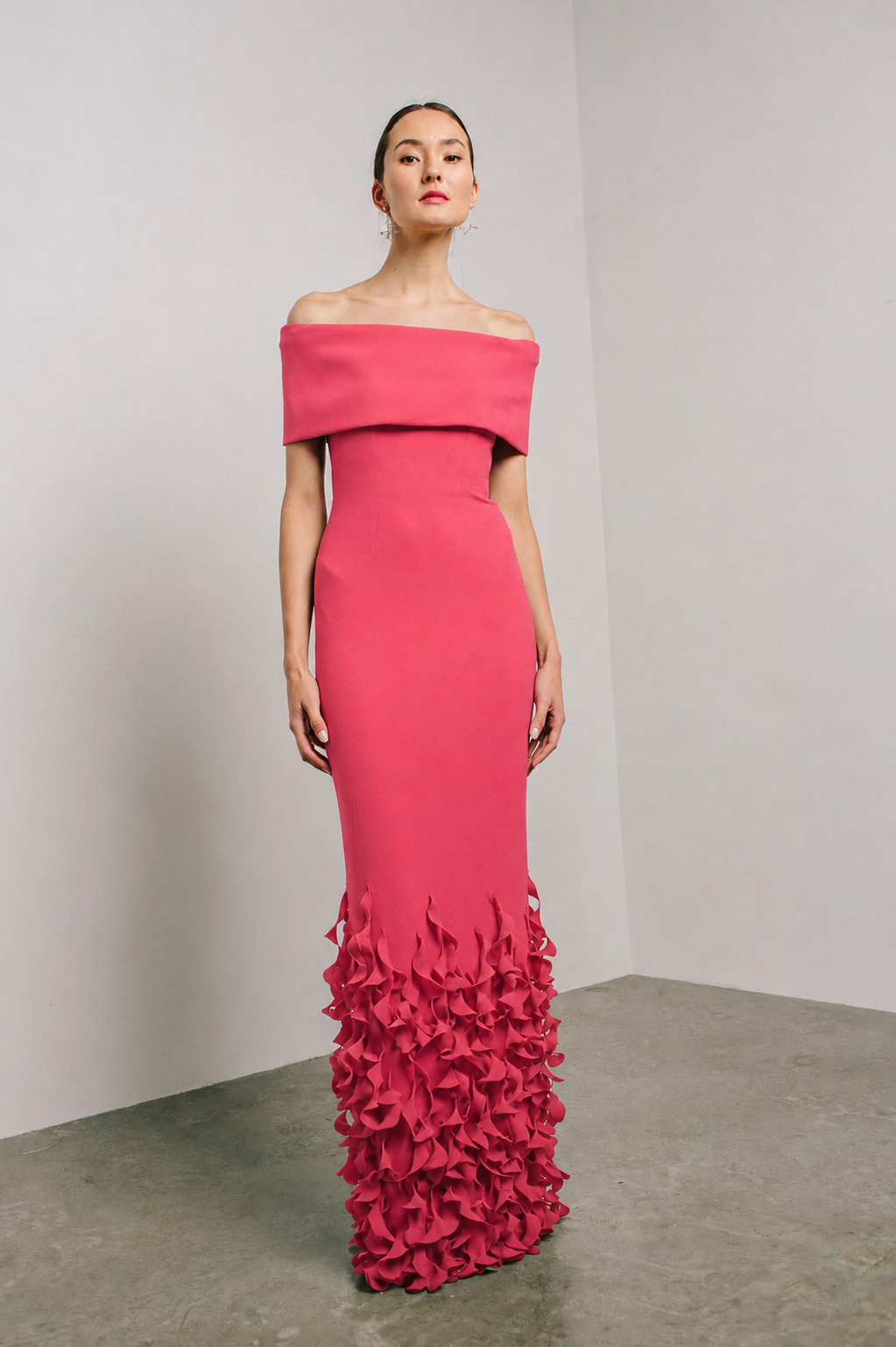 Catherine Regehr Sleeveless Off Shoulder Roll Collar Gown With Spiral Lasercuts - Trumpet Floor Raspberry