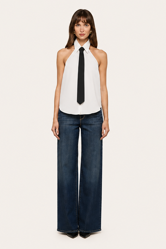 L'Agence Wren Necktie Halter Top White/Black