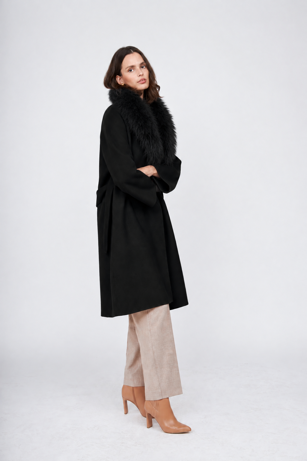 Pissenlit Cashmere Coat with Fur Shawl Collar Jet Black