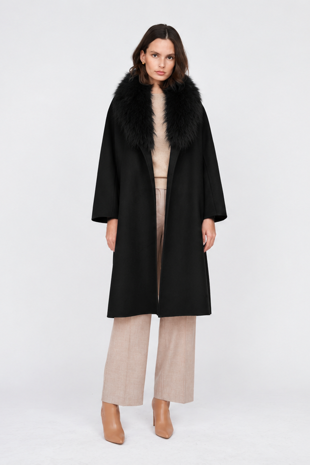Pissenlit Cashmere Coat with Fur Shawl Collar Jet Black