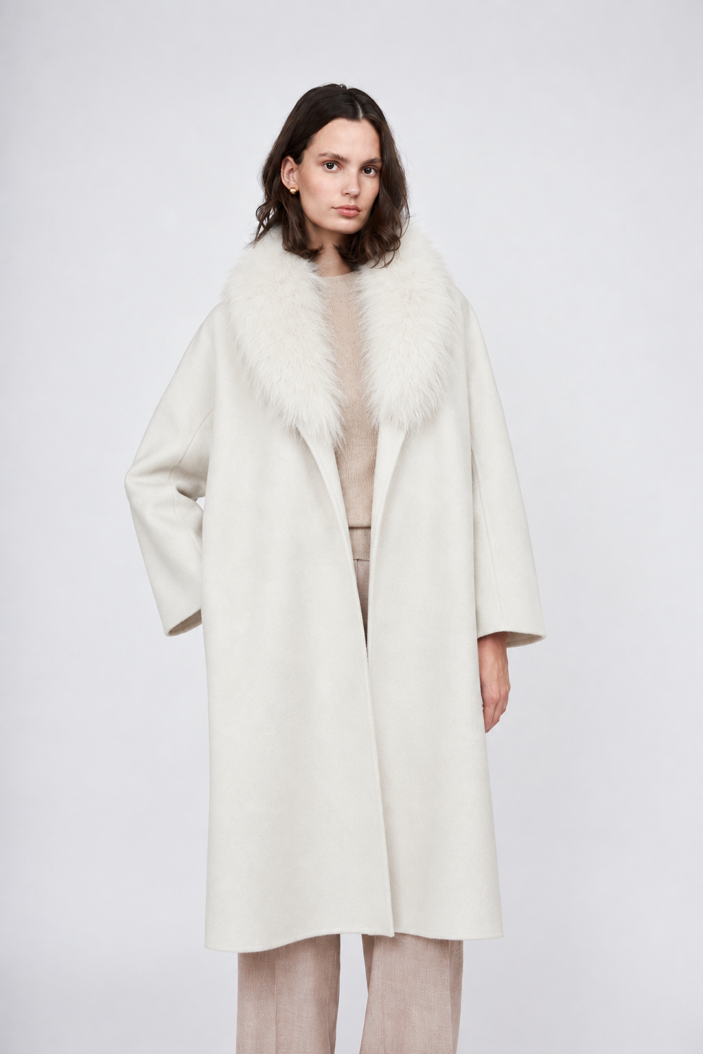 Pissenlit Cashmere Coat with Fur Shawl Collar Soft Ecru