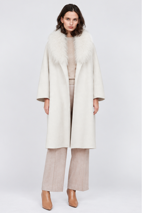 Pissenlit Cashmere Coat with Fur Shawl Collar Soft Ecru