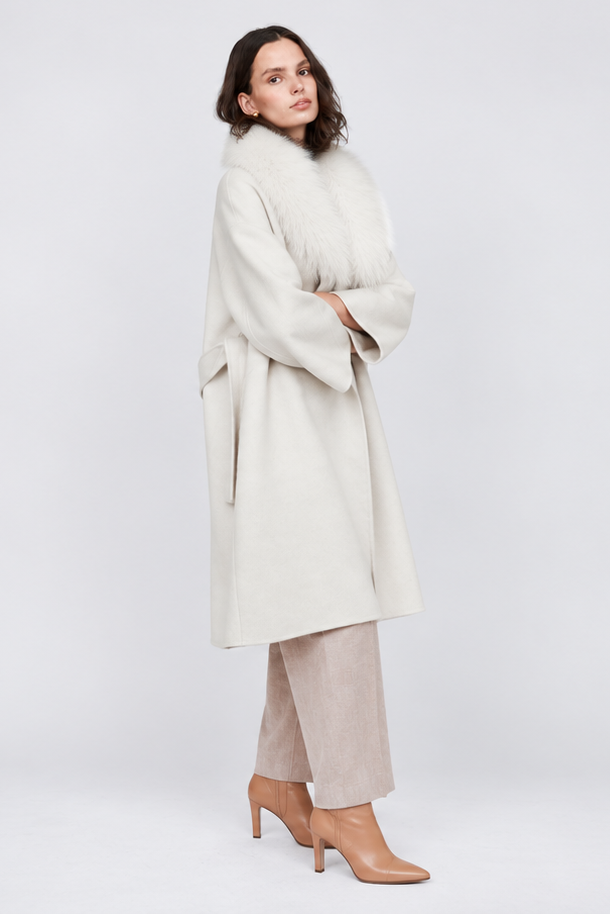 Pissenlit Cashmere Coat with Fur Shawl Collar Soft Ecru
