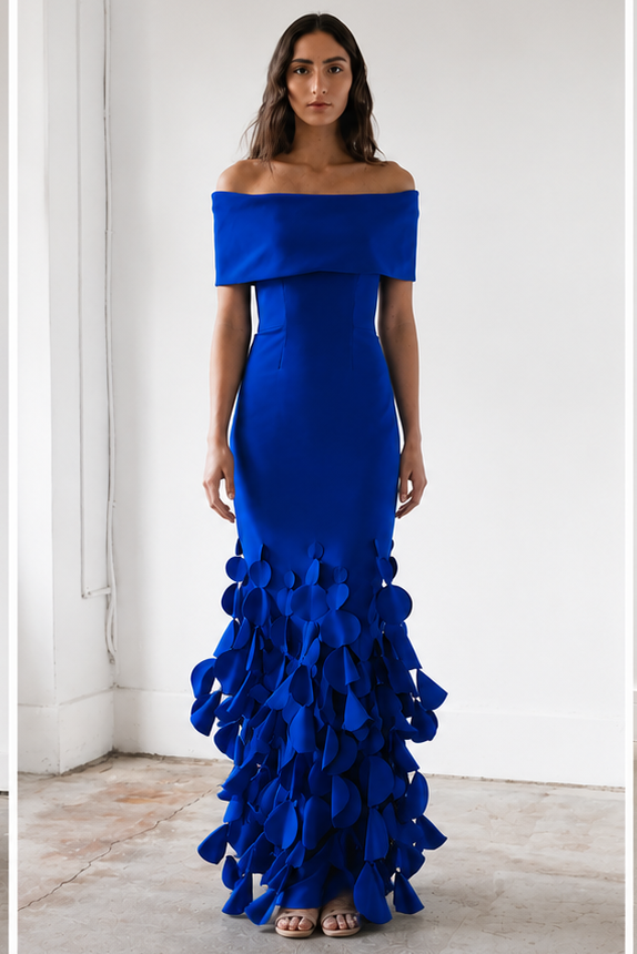 Catherine Regehr Off Shoulder Roll Collar Gown with Swinging Discs on Hem - Slim Floor Bright Cobalt