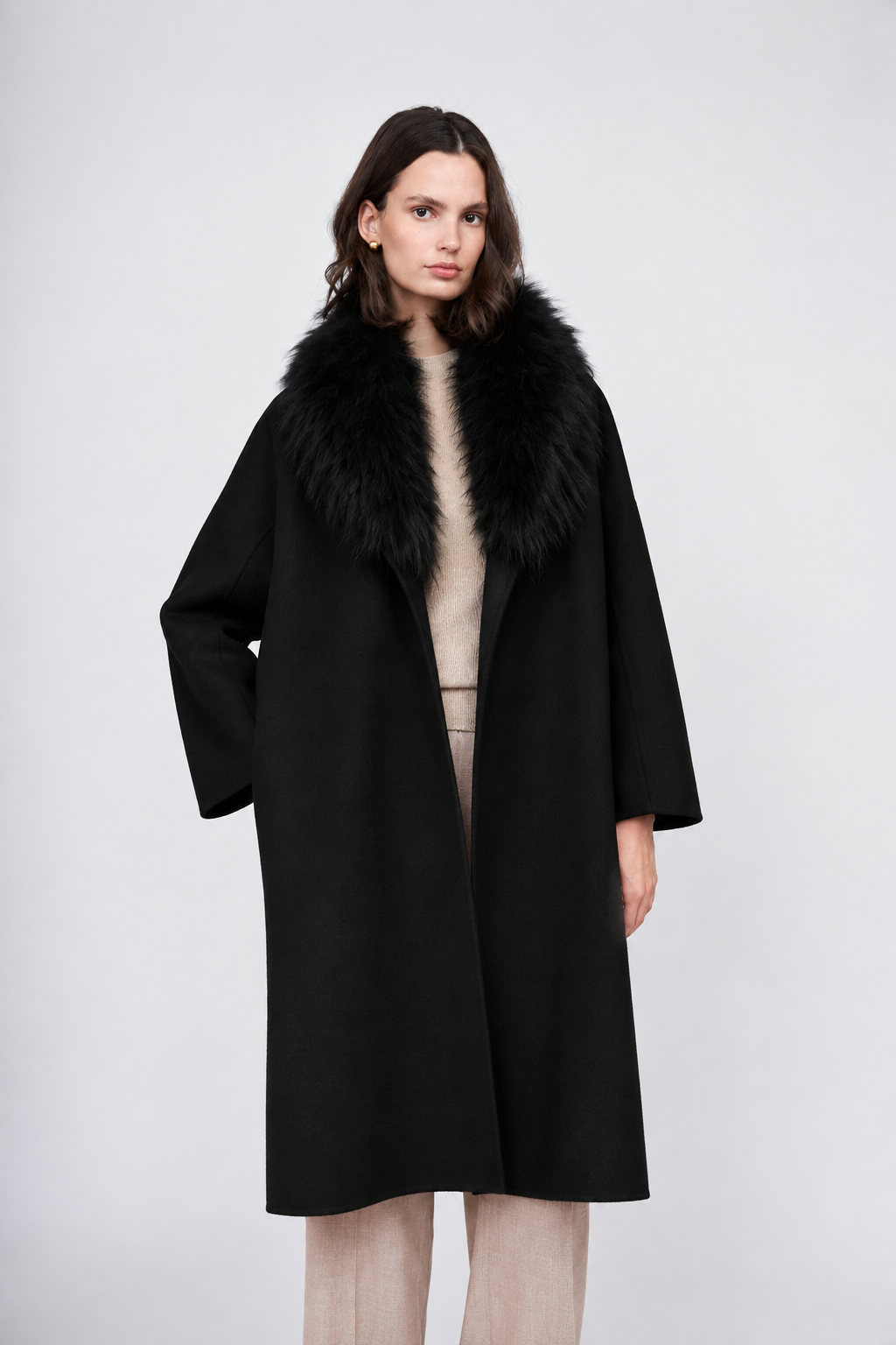 Pissenlit Cashmere Coat with Fur Shawl Collar Jet Black