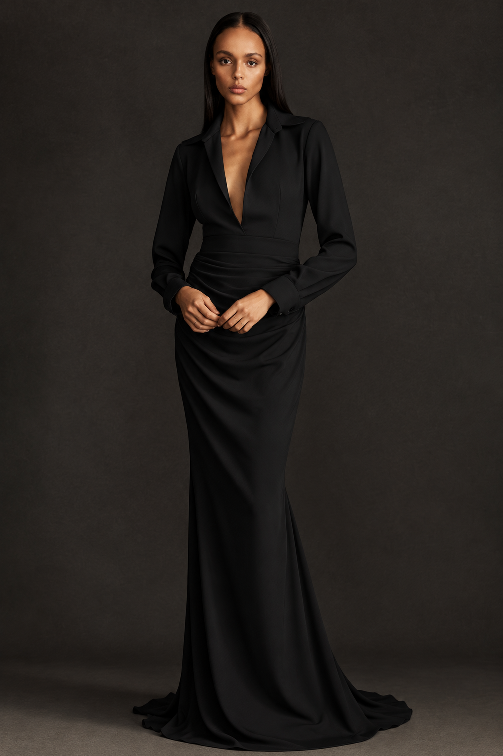 Greta Constantine Tadoseph Trompe l'Œil Shirt Gown With Ruched Skirt Black
