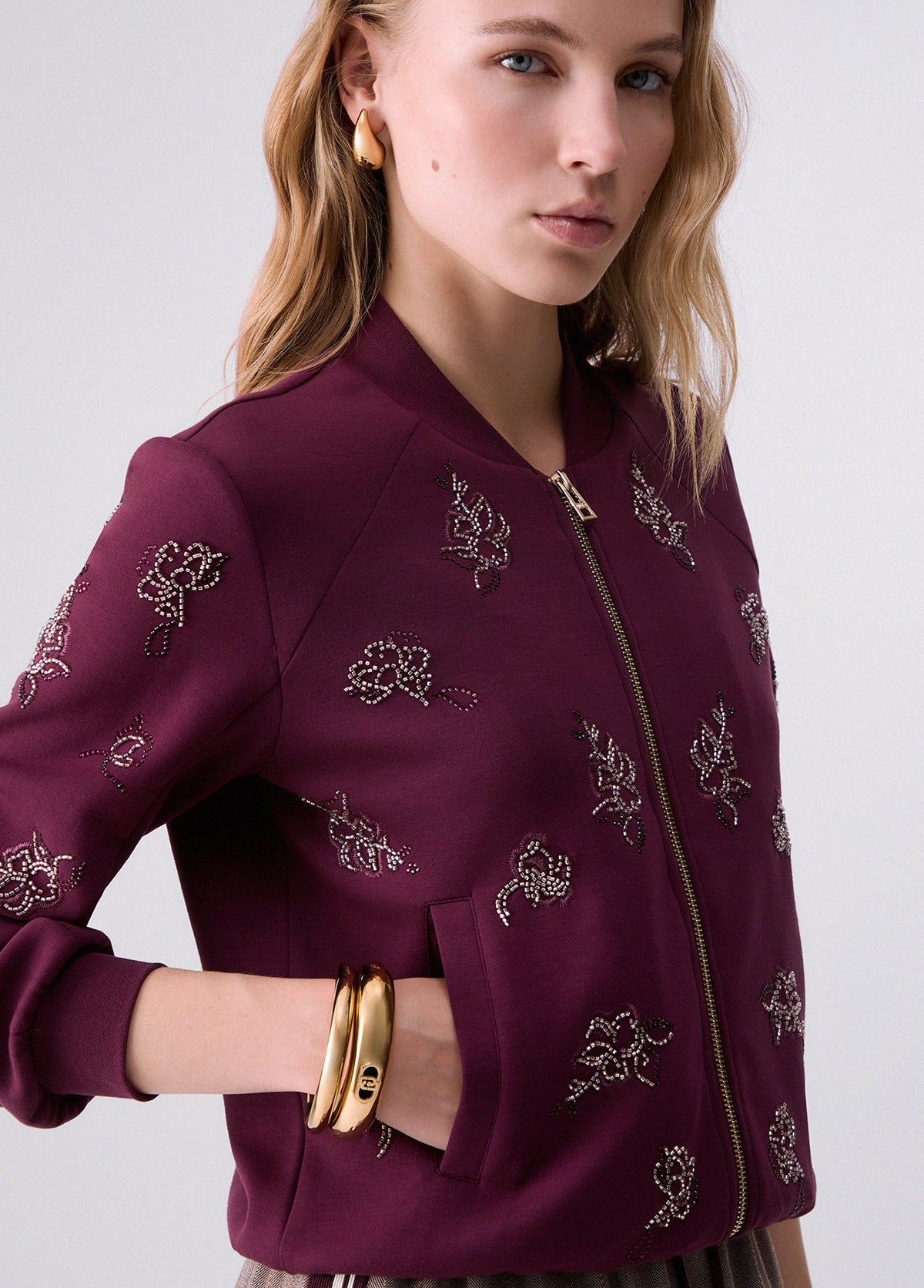 Liu Jo Sport Sweatshirt With Jewel Embroidery - Red Aubergine