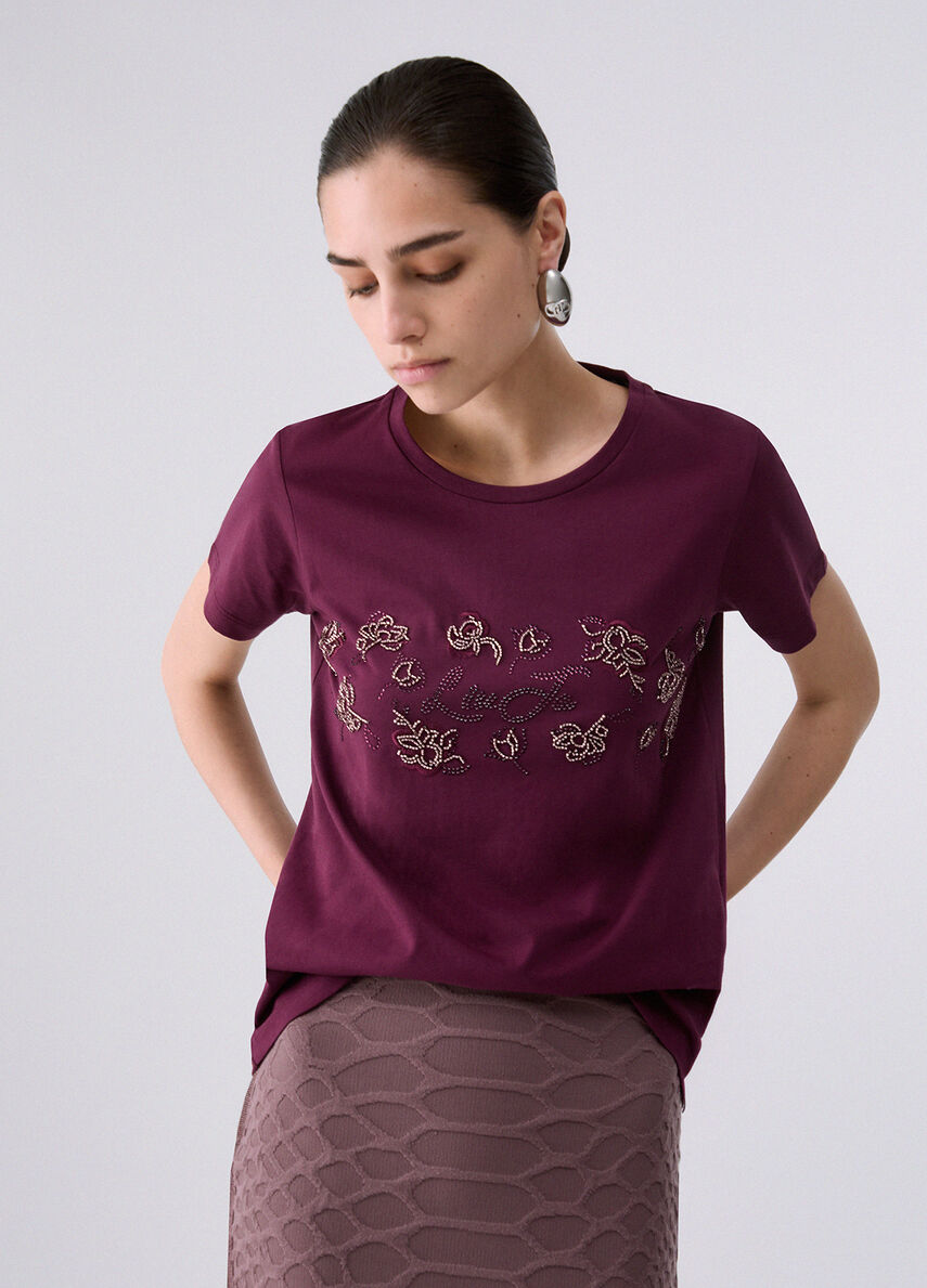 Liu Jo Sport T-Shirt With Rhinestones - Red Auberg