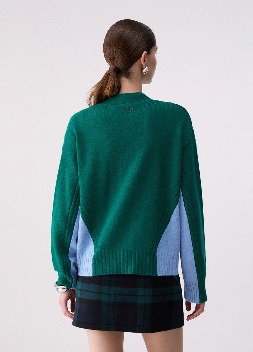 Liu Jo White Color-Block Wool Cardigan - Green Dusk