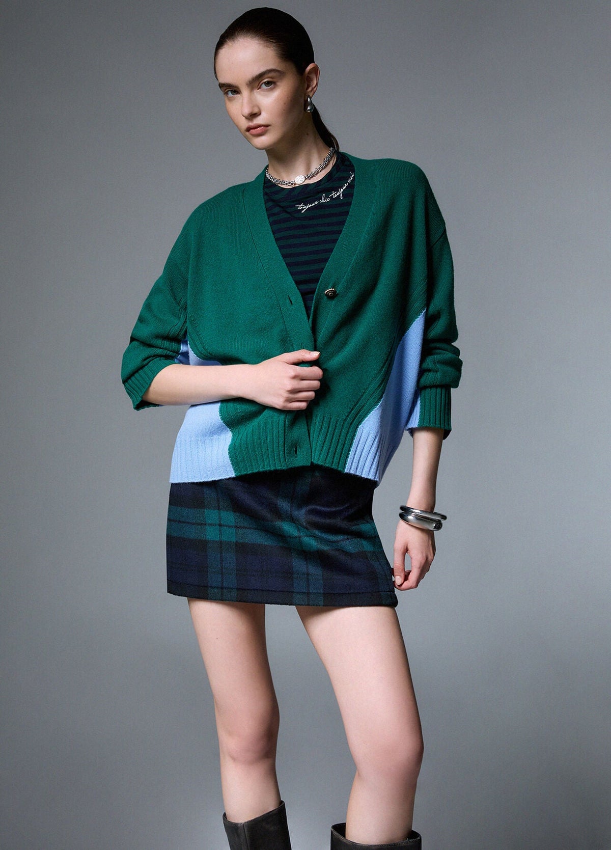 Liu Jo White Color-Block Wool Cardigan - Green Dusk