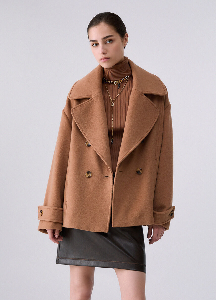 Liu Jo White Short Double-Breasted Wool Coat- Cozy Beige