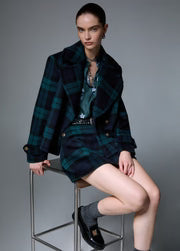 Liu Jo White Cropped Wool Coat -  Tartan/Green/Blue